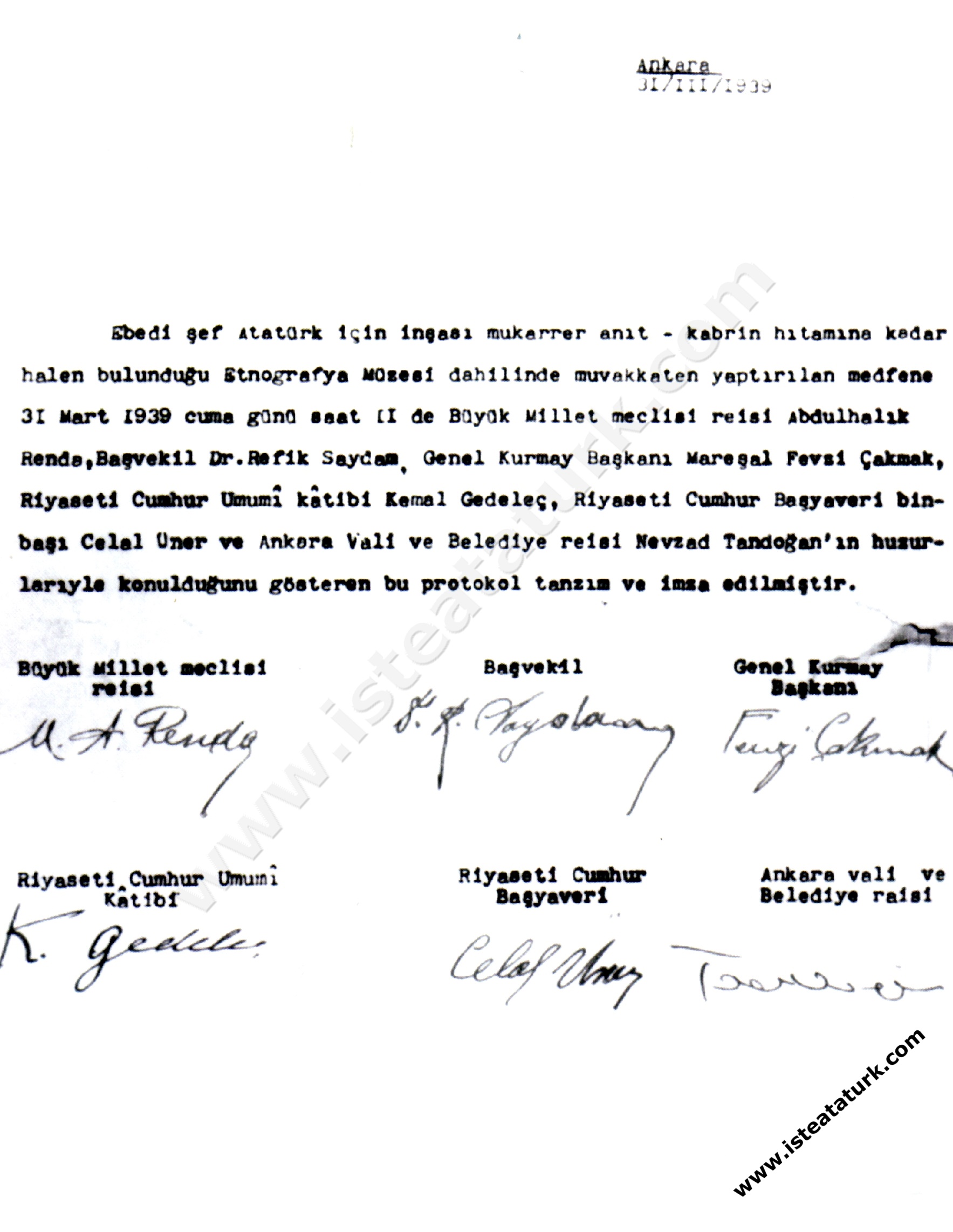 Protocol on the construction of Anıtkabir, dated March 31, 1939.