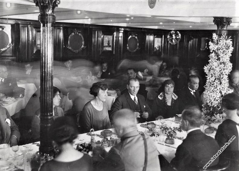 Mustafa Kemal Atatürk at lunch on the Black Sea Ferry, Mudanya. (13.06.1926)