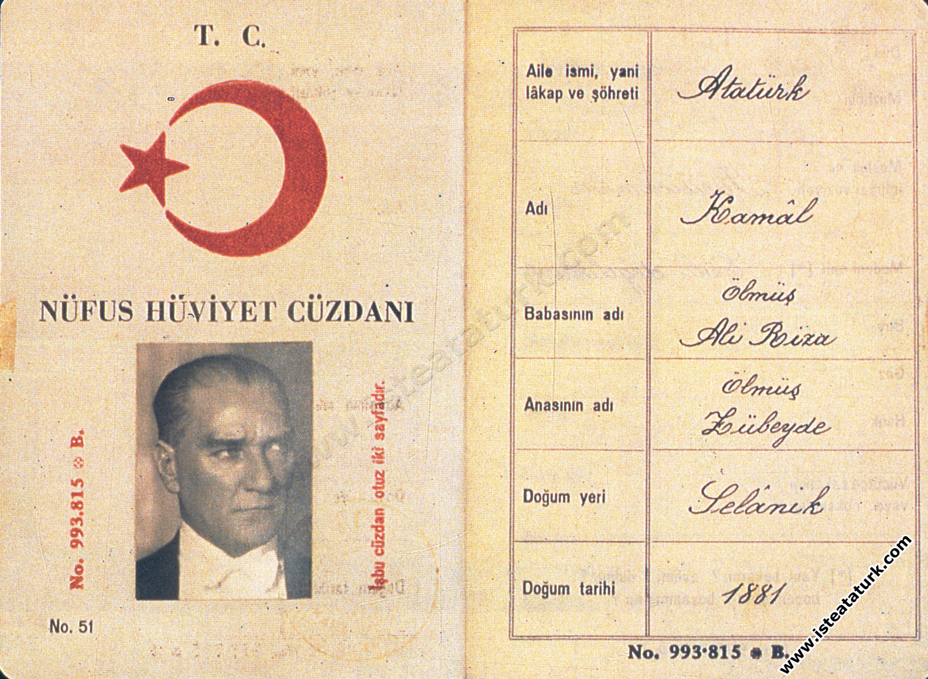 Mustafa Kemal Atatürk'ün Nüfus Hüviyet Cüzdanı. (2...