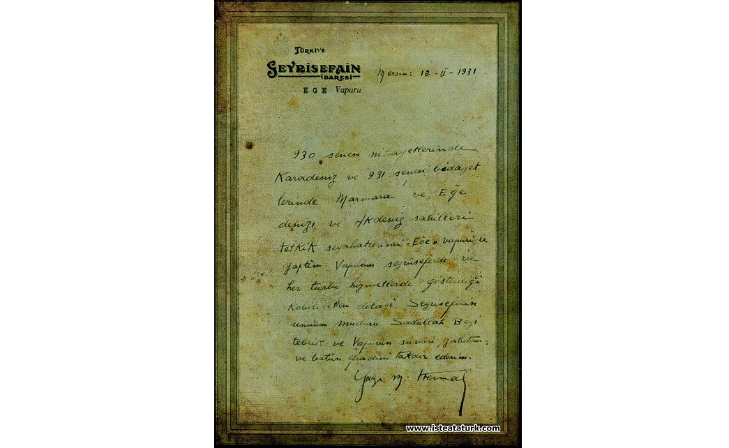 The Note Written by Gazi Mustafa Kemal Atatürk in the Memoir of the Aegean Ferry.