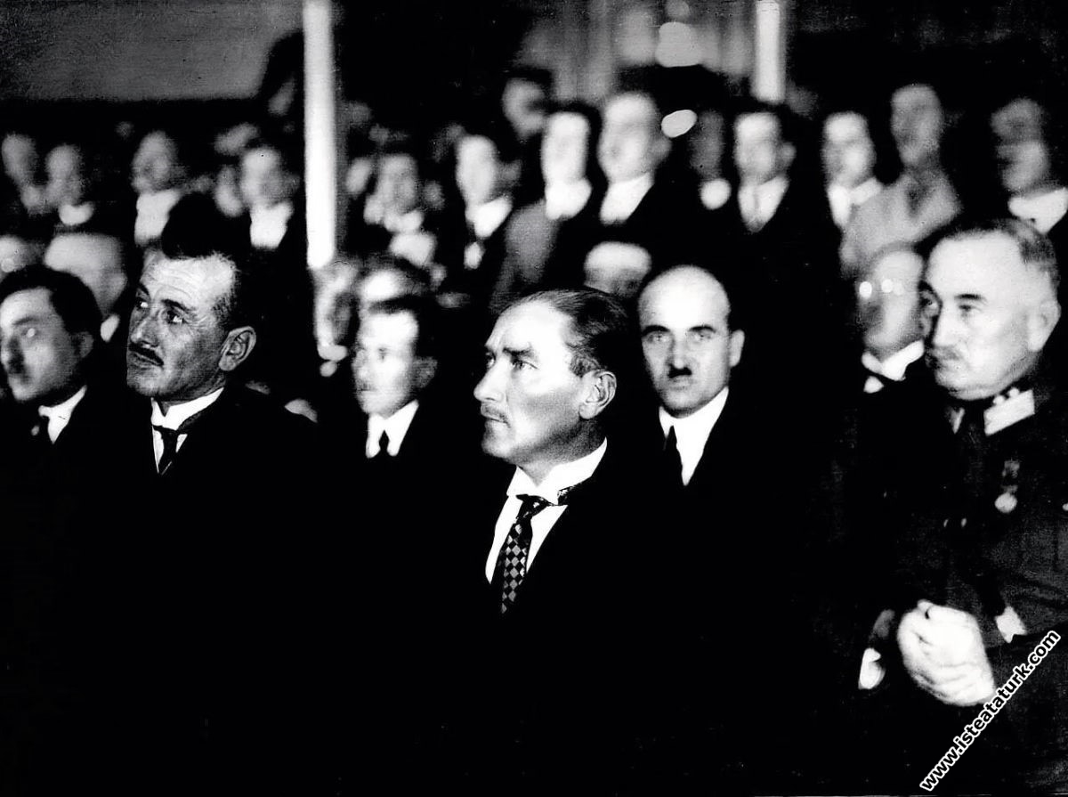 Mustafa Kemal Atatürk listening to speeches at the...