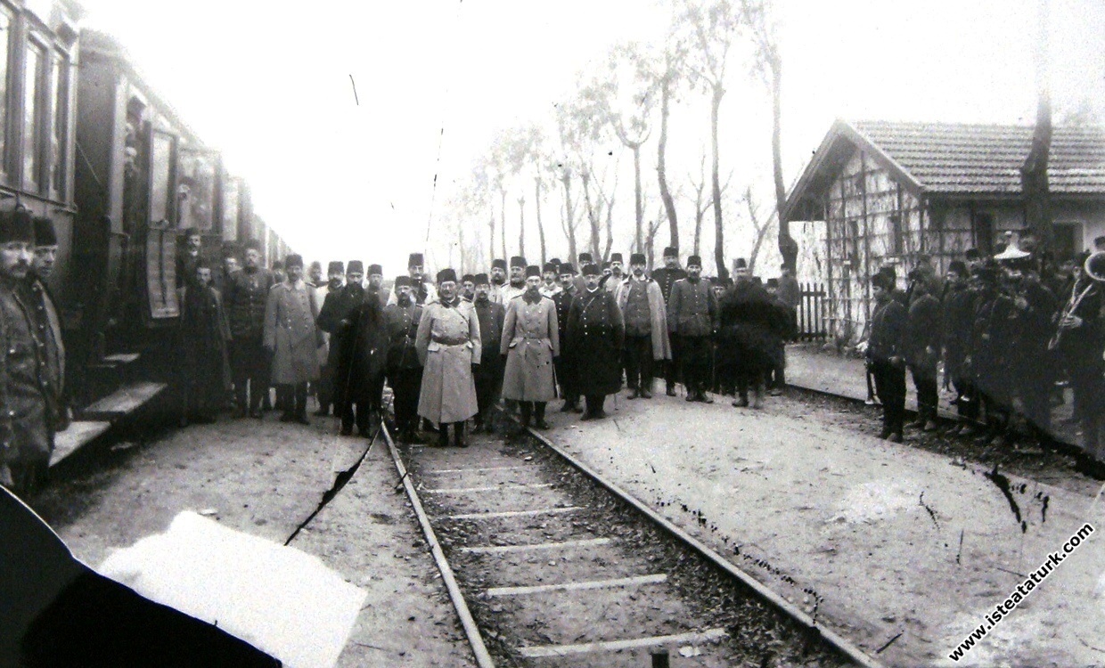 Mustafa Kemal is at the train station in Bitola wi...