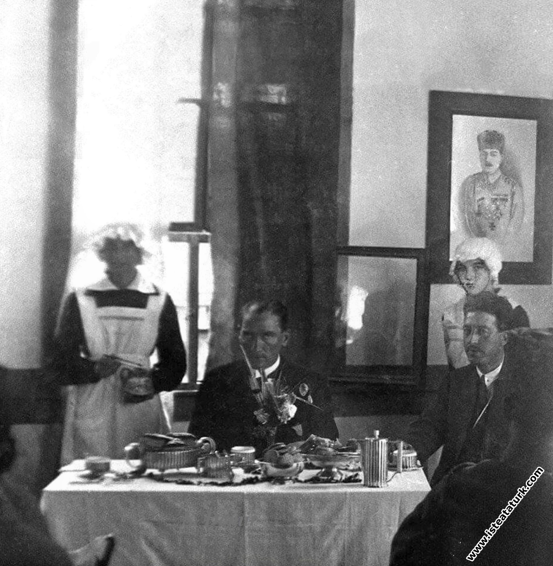 Mustafa Kemal Pasha and Cevat Abbas Gürer in Adapazarı, Sabiha Hanım Girls' Sample School. (20.06.1922)