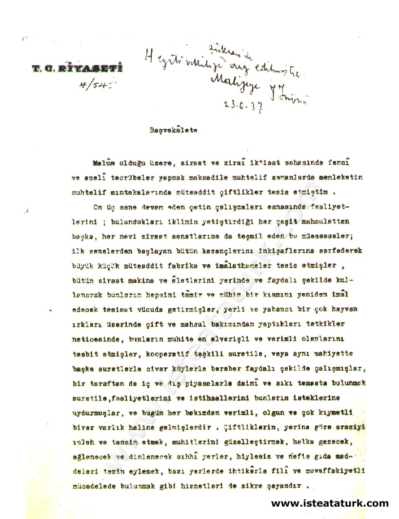 Atatürk'ün Orman Çiftliği ve diğer çiftlikleri hazineye bağışlamak için Başbakanlık'a yazdığı 11.06.1937 tarihli bir tezkere.